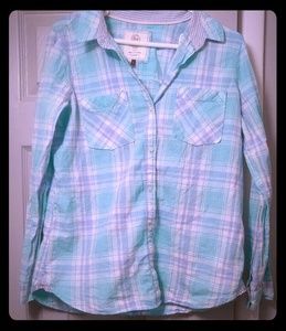 Blue plaid button down shirt
